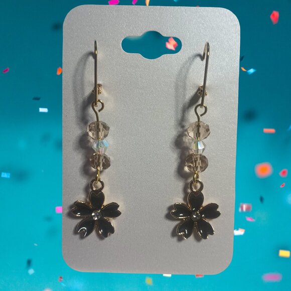 Flower Earrings with Crystal Beads on Gold Plated Leverbacks Handcrafted - Picture 1 of 3